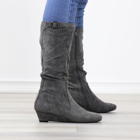 Grey Faux Suede Round Toe Low Kitten Wedge Heel Mid Calf Boots - Picture 4 of 12